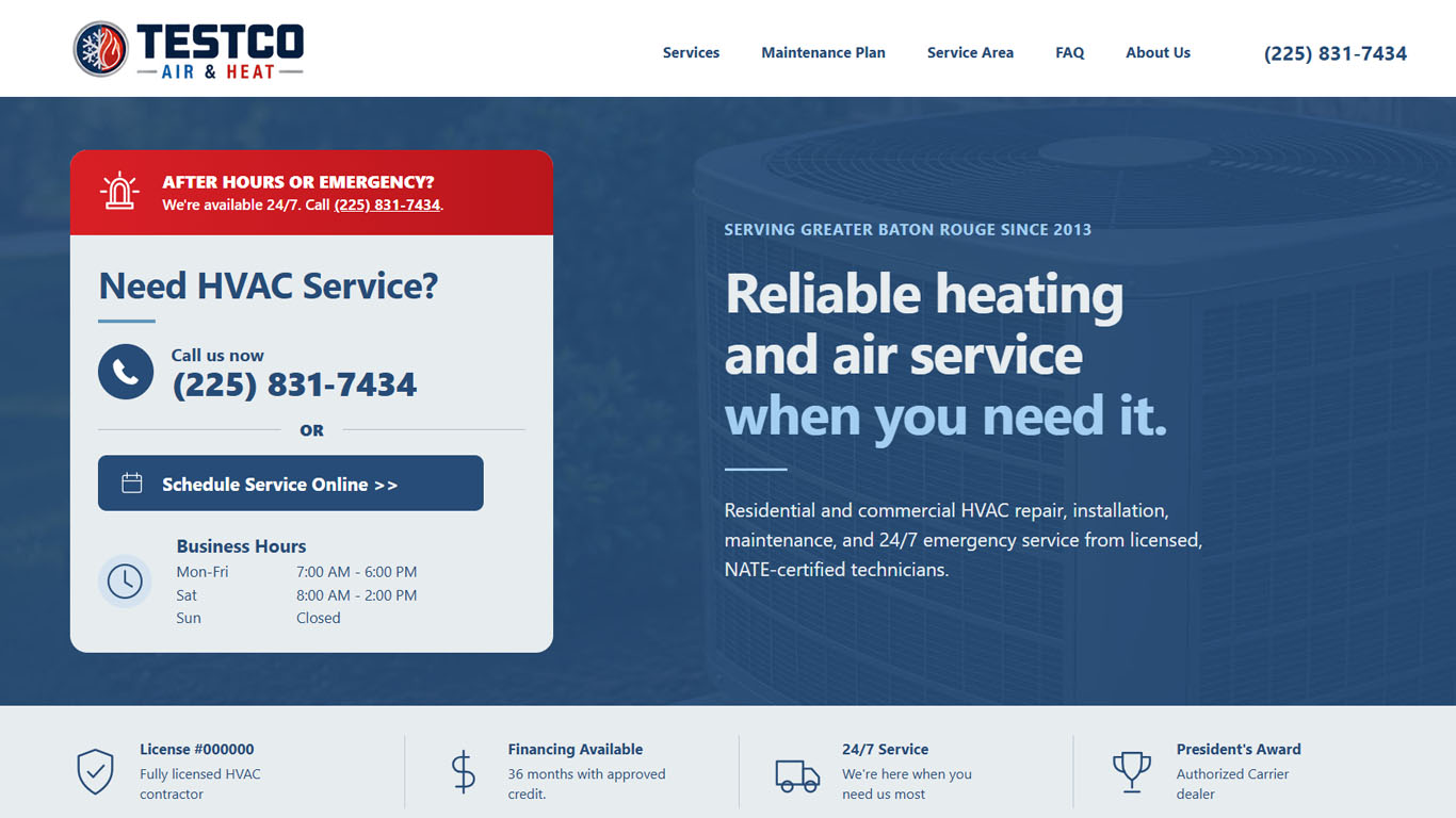 TestCo Heating and Cooling demo website placeholder